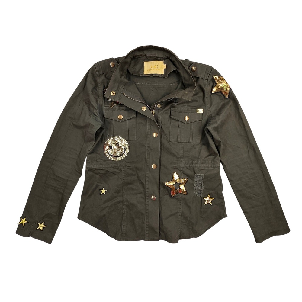Lizette Collection Olive Utility Jacket Beaded Bee Sequined Stars Smiley Face M